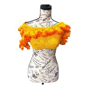 Handmade Crochet Ruffle Crop Top In Yellow & Orange XXS Boho Hippie Y2K Grunge